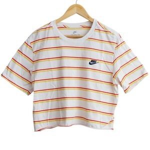 Nike Striped Crop Top T-Shirt Women L White Red Yellow Embroidered Tee Raw Hem